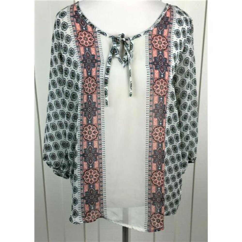 Old Navy Peasant Blouse Women L Multicolor Floral 1/2 Sleeve Keyhole Neck Sheer